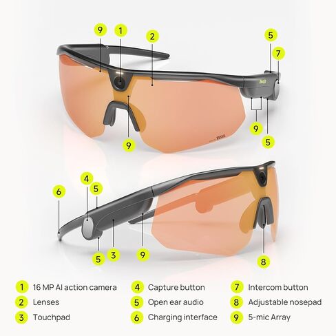 Ranger AI Smart Glasses with Camera Sports Goggles with16MP,120°FOV, EIS stabilization Camera,1080P Video Recording，UV 400 Protection，Open‐Ear Audio，walkie-Talkie Black - Zeiss Orange Lens in Saudi Arabia