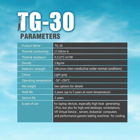 معجون حراري TG-30، موصلية حرارية عالية 17.5 وات/م-ك، شحم حراري غير موصل لوحدة المعالجة المركزية/وحدة معالجة الرسومات/الكمبيوتر المحمول/الخادم، عمر افتراضي يزيد عن 5 سنوات، حقنة 2 جرام مع ملعقة ومناديل تنظيف in Kuwait