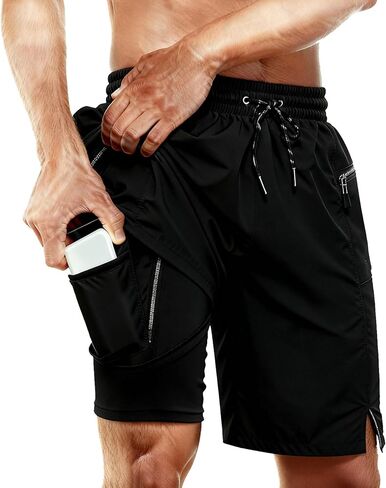 Cozople Mens Swim Trunks with Compression Liner 2-in-1 Quick Dry 9 Inch Board Shorts with Zipper Pockets in Saudi Arabia