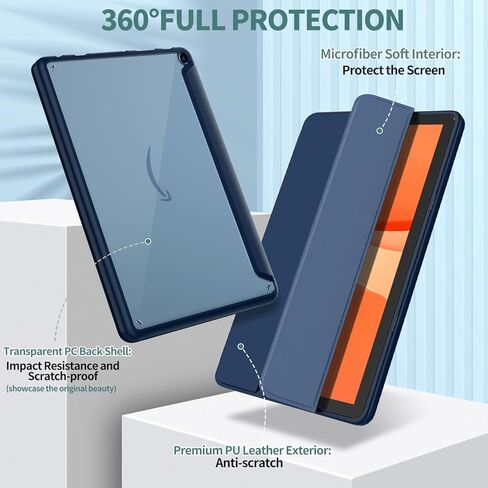 حافظة الكمبيوتر اللوحي Amazon Fire HD 10 الجديدة (تناسب فقط الجيل الثالث عشر، إصدار 2023)، حافظة Sanyetral الفاخرة من جلد البولي يوريثان بحامل ثلاثي الطي وغطاء خلفي شفاف من البولي كربونات مع تنبيه/غفو تلقائي، غير مخصصة لهاتف Nokia iPad Samsung - أزرق داكن in Kuwait