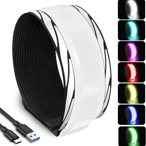 سوار ذراع LED قابل للتحويل بـ 7 ألوان RGB، قابل لإعادة الشحن عبر USB-C، ضوء تشغيل عاكس 360 درجة للعدائين، معدات جري عاكسة عالية الوضوح للركض وسائقي الدراجات النارية in Kuwait