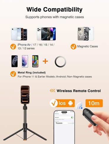 حامل ثلاثي آمن Mag لهاتف iPhone، رأس دوار 360 درجة للتصوير الأمامي والخلفي، عصا سيلفي 65 بوصة لهاتف iPhone Android مع جهاز تحكم عن بعد وحلقة معدنية، حامل ثلاثي القوائم للهاتف المغناطيسي لتسجيل الفيديو أثناء السفر in Kuwait