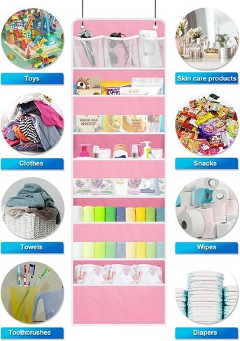 2 Pack Over The Door Organizer, Hanging Storage Organization with Large Capacity Pockets, Swing-Proof Behind Door Storage Shelf for Kicthen Bedroom Nursery Kids Toys Shoes,Pink in Saudi Arabia