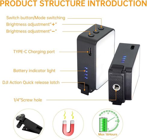 Suptig Mini Video Light, Selfie Light for Phone, Laptop, Camera, Gopro, DJI Action 5 pro, DJI Action 4-3, Conference Lighting with Clip & Camera Tripod Adapter Rechargeable 750mAh Black. in Saudi Arabia