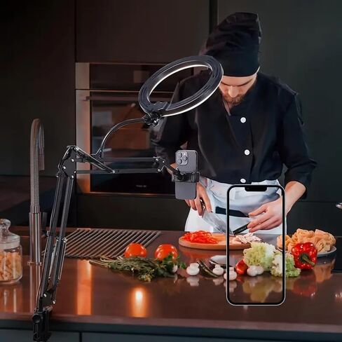 حامل هاتف علوي مع ضوء حلقي، ضوء حلقة سيلفي LED 6.5 بوصة للمكتب، حامل هاتف قابل للتعديل، لتسجيل الفيديو، البث المباشر، فيديو الطبخ in Kuwait