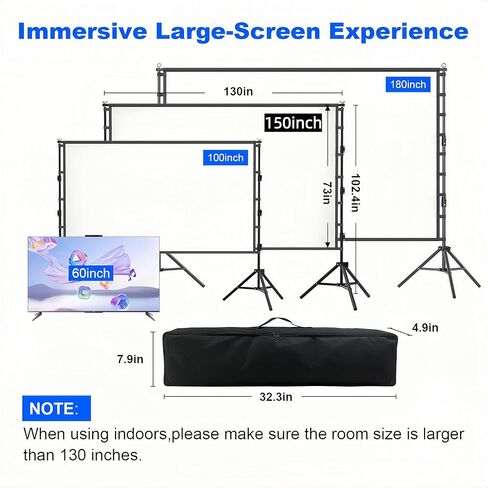 Outdoor Projector Screen with Stand, 150 inch Portable Projection Screen Wrinkle-Free 16:9 4K HD Rear Front Movie Screen with Carry Bag for Indoor Home Theater, Camping and Backyard Entertainment in Kuwait