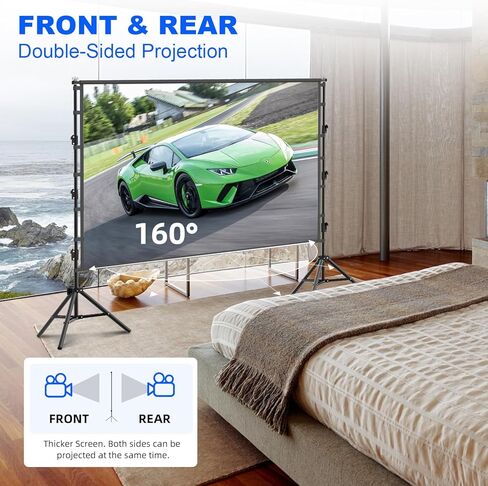 Outdoor Projector Screen with Stand, 150 inch Portable Projection Screen Wrinkle-Free 16:9 4K HD Rear Front Movie Screen with Carry Bag for Indoor Home Theater, Camping and Backyard Entertainment in Kuwait
