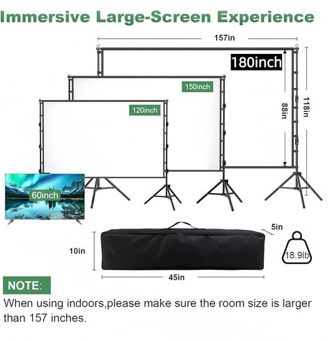 Projector Screen and Stand, 180 inch Outdoor Projection Screen 15 FT Large Portable Movie Screen Wrinkle-Free 16:9 4K Rear Front Foldable Washable with Carry Bag for Backyard Theater Movie Night in Kuwait