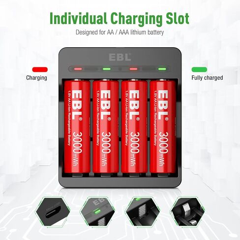 EBL 1.5V Rechargeable Lithium AA Batteries with USB Input Charger, 3000mWh Li-ion AA Batteries Long Lasting Double A Battery 4 Pack in Saudi Arabia