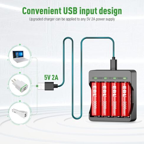 EBL 1.5V Rechargeable Lithium AA Batteries with USB Input Charger, 3000mWh Li-ion AA Batteries Long Lasting Double A Battery 4 Pack in Saudi Arabia