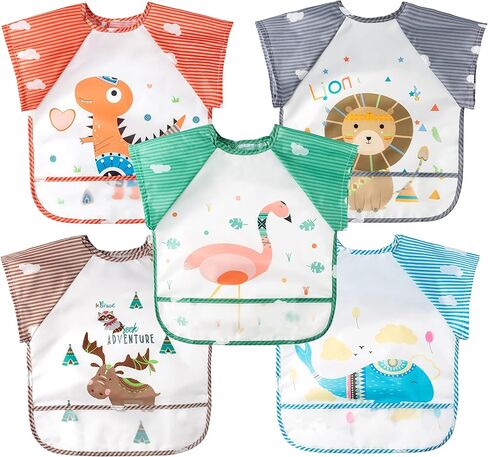 R HORSE 5Pcs Short Sleeved Bib for Baby Toddlers Waterproof Sleeved Infants Feeding Bib with Crumb Capacity Pocket Baby Shower Birthday Gifts for Boy Girl 0-36 Months in Saudi Arabia