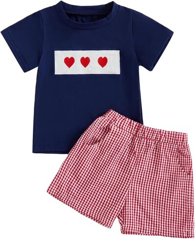 Toddler Baby Boy Valentines Outfit Heart Embroidery Short Sleeve T Shirt and Plaid Shorts 2 Piece Clothes Set in Saudi Arabia