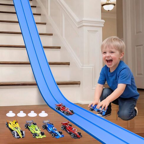 15 Ft Flexible Race Car Track for Kids, Double-Sided Racetrack with Suction Cups, Race Car Ramp Track & Compatible 1:64 Diecast Cars,Portable Roll Up Track Toy,Gift for Boys Girls Ages 3-5 5-7 in Kuwait