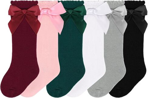 Sucrain 6 Pairs Baby Girl Knee High Socks Cotton Bow Dress Stockings Tube Ruffled Knit Socks for Newborn Infant Toddler in Saudi Arabia