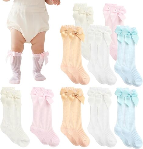 10 أزواج من جوارب KUNAL العالية للركبة لحديثي الولادة، جوارب مكشكشة من القطن لركبة الأطفال، خرطوم عالي للأطفال للفتيات والأولاد والرضع in Kuwait