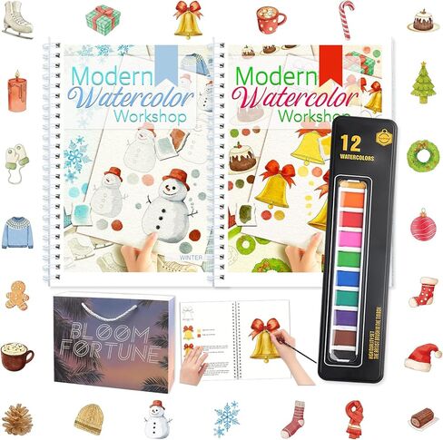 Watercolor Workbooks with Step by Step for Adults Teens - 2 Pack Beginner workbooks with 24 Coloring Book Pages - 12 color blocks and a Brush - Watercolor Paper 300gsm/140lb (birds & flower) in Kuwait