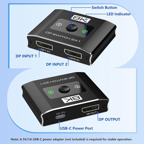 محول DisplayPort 2 في 1، محول 8K@60 هرتز DP 1.4 مع دعم DSC، 2 محول شاشة كمبيوتر واحد، مفتاح منفذ عرض 4K@144 هرتز لأجهزة الكمبيوتر المحمولة وأجهزة الكمبيوتر المكتبية (كابلات DP غير متضمنة) in Kuwait