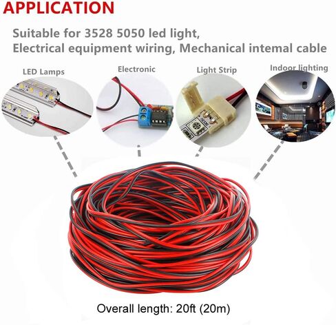 20AWG تمديد كابل سلك كهربائي الحبل الأحمر الأسود 2 دبوس سلك متوازي طول 66ft النحاس المعلبة الذين تقطعت بهم السبل الحبل 3528 5050 لشريط LED القرن المتكلم الأسلاك الإلكترونية in Kuwait