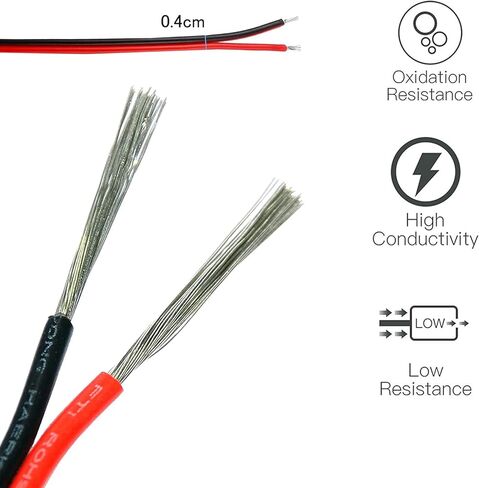 20AWG تمديد كابل سلك كهربائي الحبل الأحمر الأسود 2 دبوس سلك متوازي طول 66ft النحاس المعلبة الذين تقطعت بهم السبل الحبل 3528 5050 لشريط LED القرن المتكلم الأسلاك الإلكترونية in Kuwait