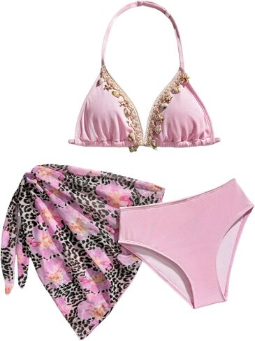 SHENHE Girl's Swimsuits 3 Piece Bathing Suits with Cover Up Halter Triangle Seashell Bikini Swimwear in Saudi Arabia