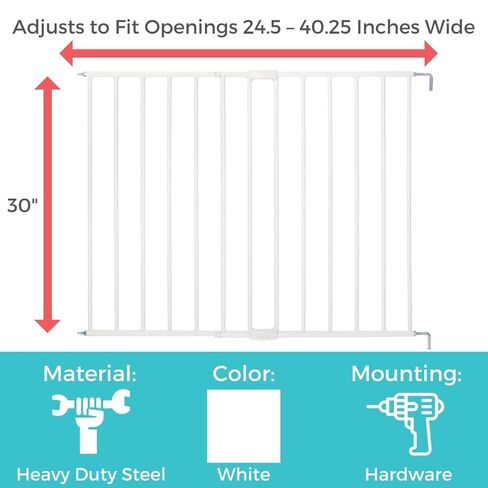 Toddleroo by North States Essential Stairway & Walkway Gate, White Metal, Hardware Mounted Baby Gate for Stairs, 30" Tall, Adjustable 24.5-40.25", Removable Baby Gates for Stairs, Stair Gate in Saudi Arabia