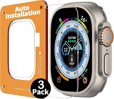 واقي شاشة Smiling مكون من 3 قطع متوافق مع Apple Watch Ultra 3 (2025)/ Ultra 2 /Ultra 49 مم وإطار تثبيت بمحاذاة تلقائية، واقي شاشة من الزجاج المقوى المضاد للخدش، خالٍ من الفقاعات، حساس للمس in Kuwait