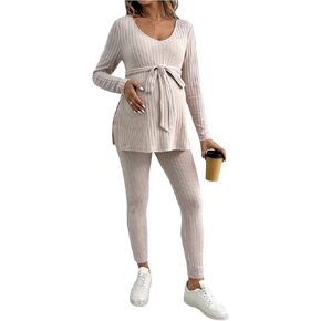 MakeMeChic Women's Maternity Clothes 2 Piece Outfit Long Sleeve V Neck Belted Tops and Leggings Pregnancy Set Army Green Large in Saudi Arabia