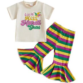Pudcoco Kids طفل رضيع الفتيات ماردي غرا الزي Litte Miss Mardi Gras تي شيرت ومجموعة قيعان الجرس المخططة in Kuwait