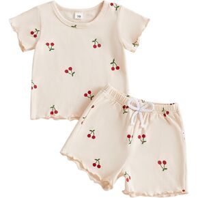 Toddler Baby Girl Summer Outfits Cherry Print 2Pcs Clothes Set | 3 6 9 12 18 24 Months,2T,3T,4T Girl,Crew Neck,Short Sleeve Tops,Elastic Waist Shorts,Newborn Infant Girl Clothing in Saudi Arabia