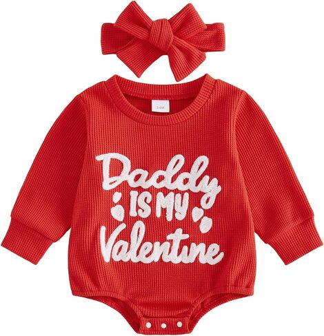 Newborn Baby Girl Valentine's Outfit Daddy Is My Valentine Bubble Romper Cute Infant Waffle Jumpsuit Spring Clothes in Saudi Arabia