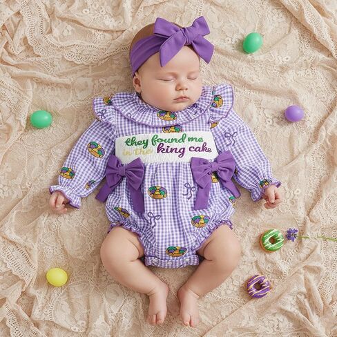Baby Girl Carnival Outfit They Found Me in the King Cake Smocked Bubble Romper Plaid Bodysuit Spring Clothes Headband in Saudi Arabia