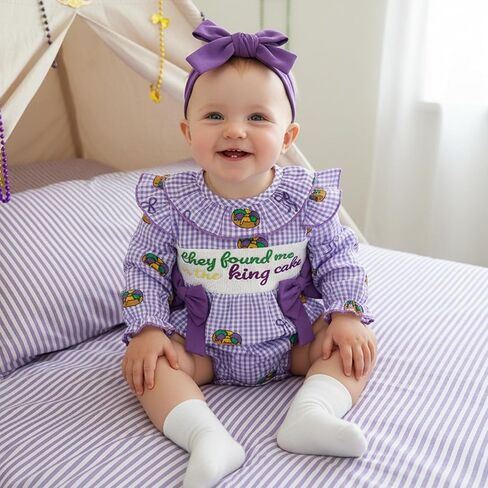 Baby Girl Carnival Outfit They Found Me in the King Cake Smocked Bubble Romper Plaid Bodysuit Spring Clothes Headband in Saudi Arabia