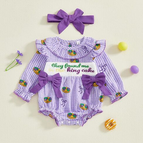 Baby Girl Carnival Outfit They Found Me in the King Cake Smocked Bubble Romper Plaid Bodysuit Spring Clothes Headband in Saudi Arabia