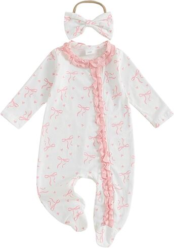 BULINGNA Newborn Baby Girl Coming Home Outfit Bow Print Jumpsuit Ruffle Zipper Footed One-Piece Romper Clothes with Headband in Saudi Arabia