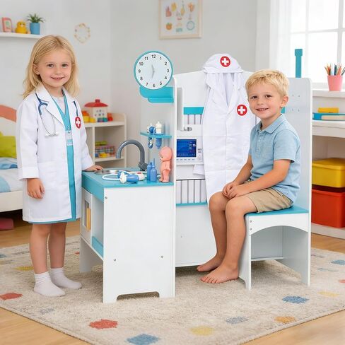 HONEY JOY Kids Wooden Doctor Play Set, Checkup Medical Office Center & Vet Clinic Station, CT Machine & Interactive Accessories, X-Ray, Toddler Pretend Hospital Playset Kit for Boys Girls (Blue) in Saudi Arabia