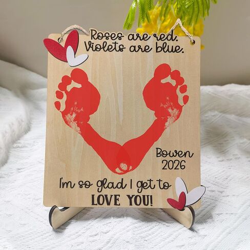 Baby's First Valentine's Day DIY Footprint Annoucement Cards, Kids Toddler Baby Hand Footprint Wooden Sign, Holiday Art Craft, Memory Keepsake, Gifts for New Mom Dad, Roses are Red Violets are Blue in Saudi Arabia
