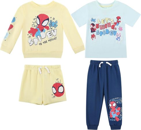 Magic Threadz Disney Clothes Boys 4-Piece Pant Set with Tee, Sweatshirt, Shorts, Pants - Mickey, Spiderman, Cars, Toy (2T-4T) in Saudi Arabia