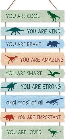ديكور جدار ديناصور لغرفة الأولاد، 9 قطع لافتات خشبية ملهمة مع تأكيدات إيجابية، ديكور حضانة دينو لغرفة نوم الأطفال الصغار، فن غرفة الطفل الصبي مع اقتباسات تحفيزية in Kuwait