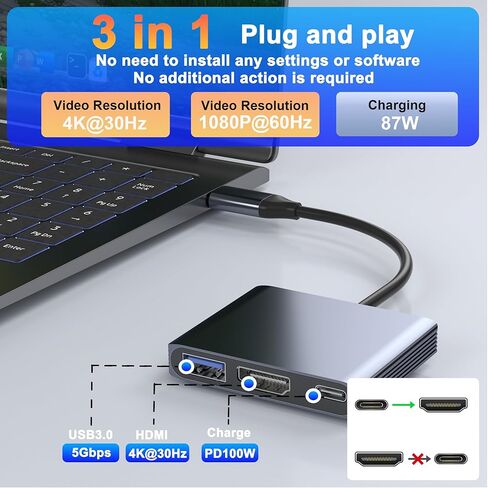 محول USB C إلى HDMI، محول متعدد المنافذ 3 في 1 4K@30 هرتز مع مخرج HDMI 4K، منفذ PD 100 وات ومنفذ USB 3.0، محول من النوع C إلى HDMI متوافق مع MacBook Pro وHP وMacBook Air وiPad Pro وDell وHP in Saudi Arabia
