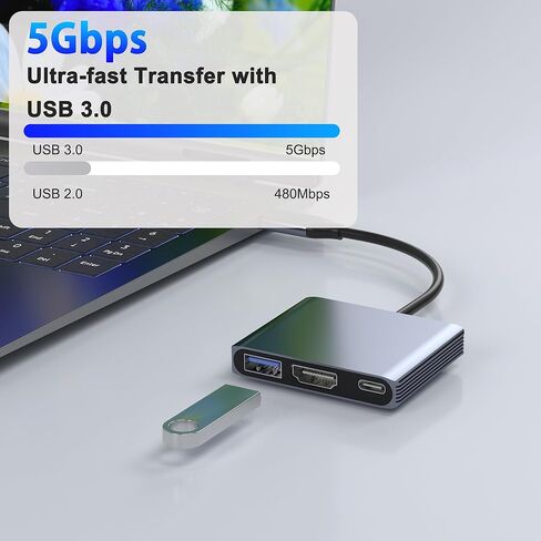 محول USB C إلى HDMI، محول متعدد المنافذ 3 في 1 4K@30 هرتز مع مخرج HDMI 4K، منفذ PD 100 وات ومنفذ USB 3.0، محول من النوع C إلى HDMI متوافق مع MacBook Pro وHP وMacBook Air وiPad Pro وDell وHP in Saudi Arabia