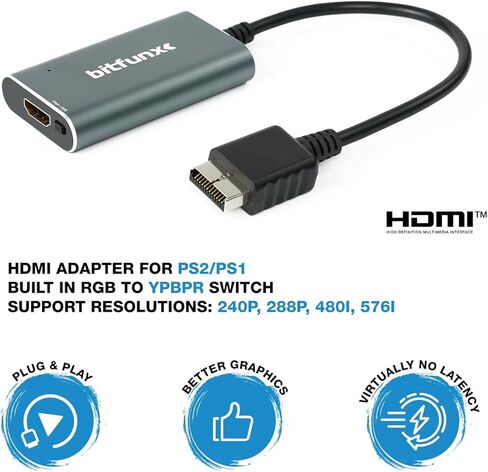 محول BITFUNX PS2/PS1/PS One HDMI™ - مدمج في RGB لمفتاح المكونات، يدعم RGB/Component إلى 1080P HDMI™، محول ألعاب الفيديو التوصيل والتشغيل بدون تأخير، محول HD لأي تلفزيون عالي الدقة in Kuwait