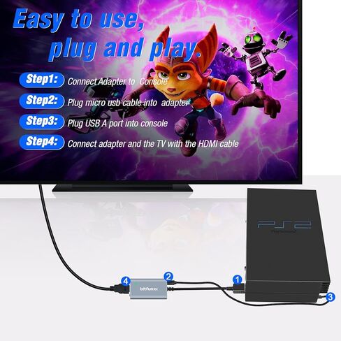 محول BITFUNX PS2/PS1/PS One HDMI™ - مدمج في RGB لمفتاح المكونات، يدعم RGB/Component إلى 1080P HDMI™، محول ألعاب الفيديو التوصيل والتشغيل بدون تأخير، محول HD لأي تلفزيون عالي الدقة in Kuwait