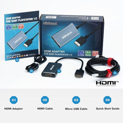 محول BITFUNX PS2/PS1/PS One HDMI™ - مدمج في RGB لمفتاح المكونات، يدعم RGB/Component إلى 1080P HDMI™، محول ألعاب الفيديو التوصيل والتشغيل بدون تأخير، محول HD لأي تلفزيون عالي الدقة in Kuwait