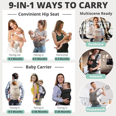 Baby Carriers, Baby Carrier with Hip Seat, 3 in 1 Baby Carrier Newborn to Toddler, 3-36 Month Baby Sling, Adjustable Detachable Baby Hip Seat, Enhanced Lumbar Support, Ideal for Hands-Free Parenting in Saudi Arabia