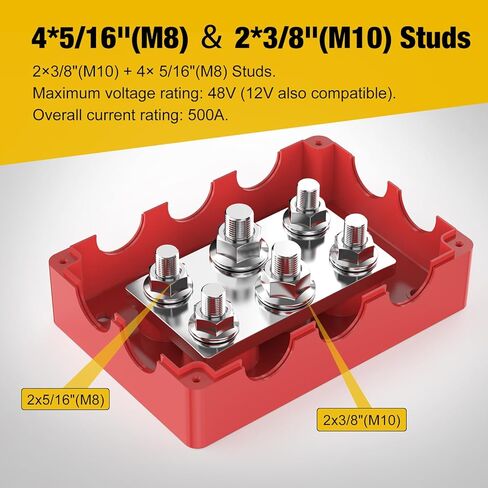 كتلة توزيع الطاقة 500A Bus Bar مع 2X 3/8 "(M10) + 4X 5/16"(M8) ترصيع، 48V DC السيارات الثقيلة البطارية البحرية محطة كتلة مع غطاء in Kuwait