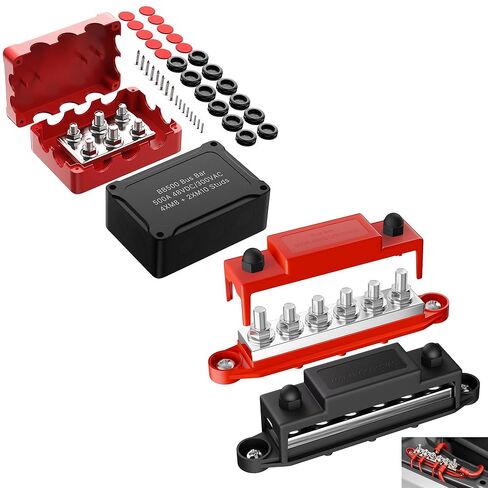 Joinfworld Heavy Duty 500A Bus Bar كتلة توزيع الطاقة المقاومة للماء مع 4 * 5/16 بوصة (M8) + 2 * 3/8 بوصة (M10) + شريط الحافلة 400A 12V كتلة توزيع الطاقة 6 × 5/16 بوصة (M8) ترصيع للسيارات والسيارات والقوارب والسول in Saudi Arabia
