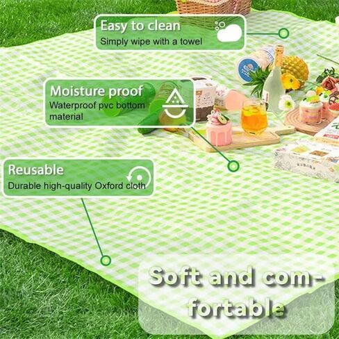 Green Picnic Blanket Gingham Foldable Camping Blankets Waterproof Sandproof Outdoor Beach Mat Lightweight Handbag Spring Summer (40x60 inch) in Saudi Arabia