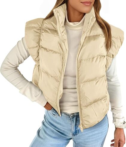 Tankaneo Womens Cropped Puffer Vest Cap Sleeve Zip Up Puffy Qulited Jacket Stand Collar Padded Gilet Coat Winter Outerwear in Saudi Arabia