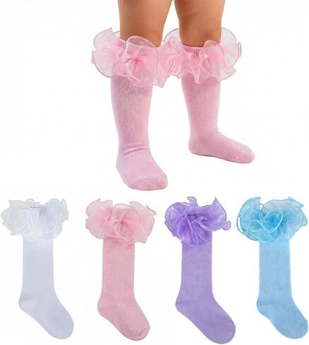 Baby Knee High Socks Girls Non Slip Long Socks Lace Ruffle Stockings for Newborn Infant Toddler Kids 0-8 Years Old in Saudi Arabia