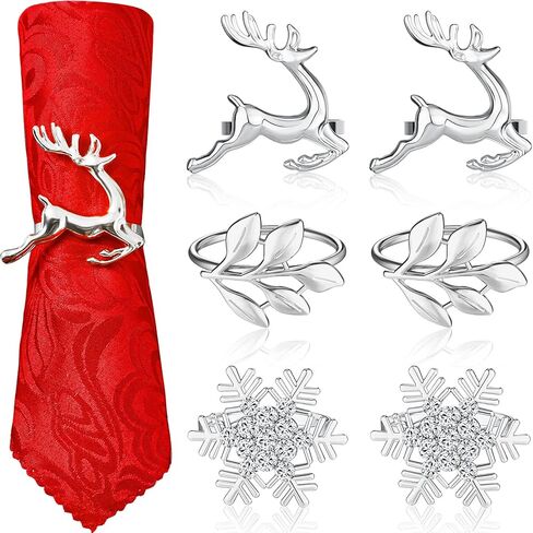 Patelai 6 Pcs Christmas Napkin Rings Metal Leaf Napkin Holders Xmas Elk Reindeer Napkin Buckle Rhinestone Snowflake Napkin Ring Holders Dinner Table Rings Decoration for Christmas (Silver) in Kuwait